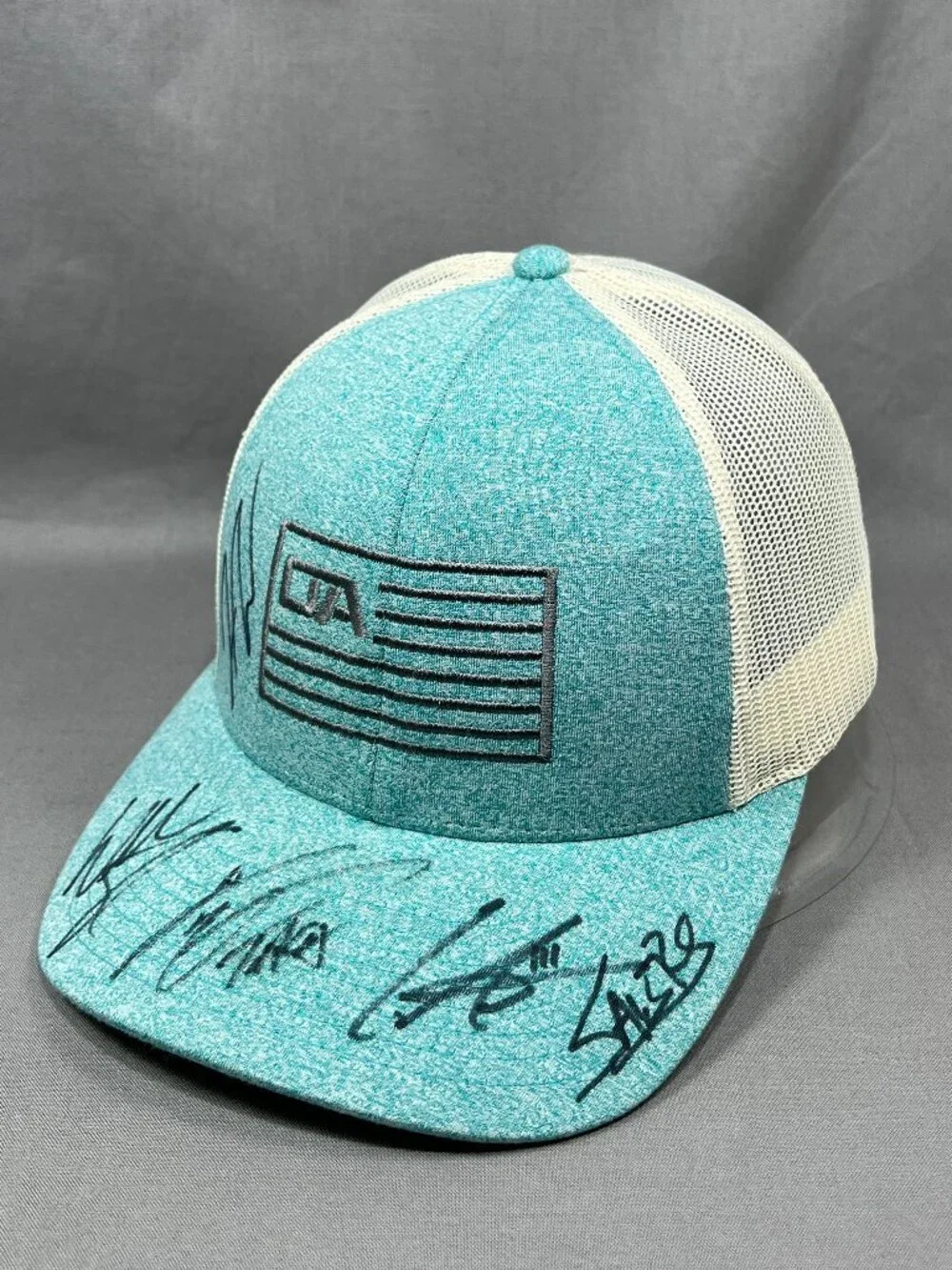 Richardson Trucker Hat Blue Teal Ivory Mesh Snapback Fishing Flag Signatures Cap